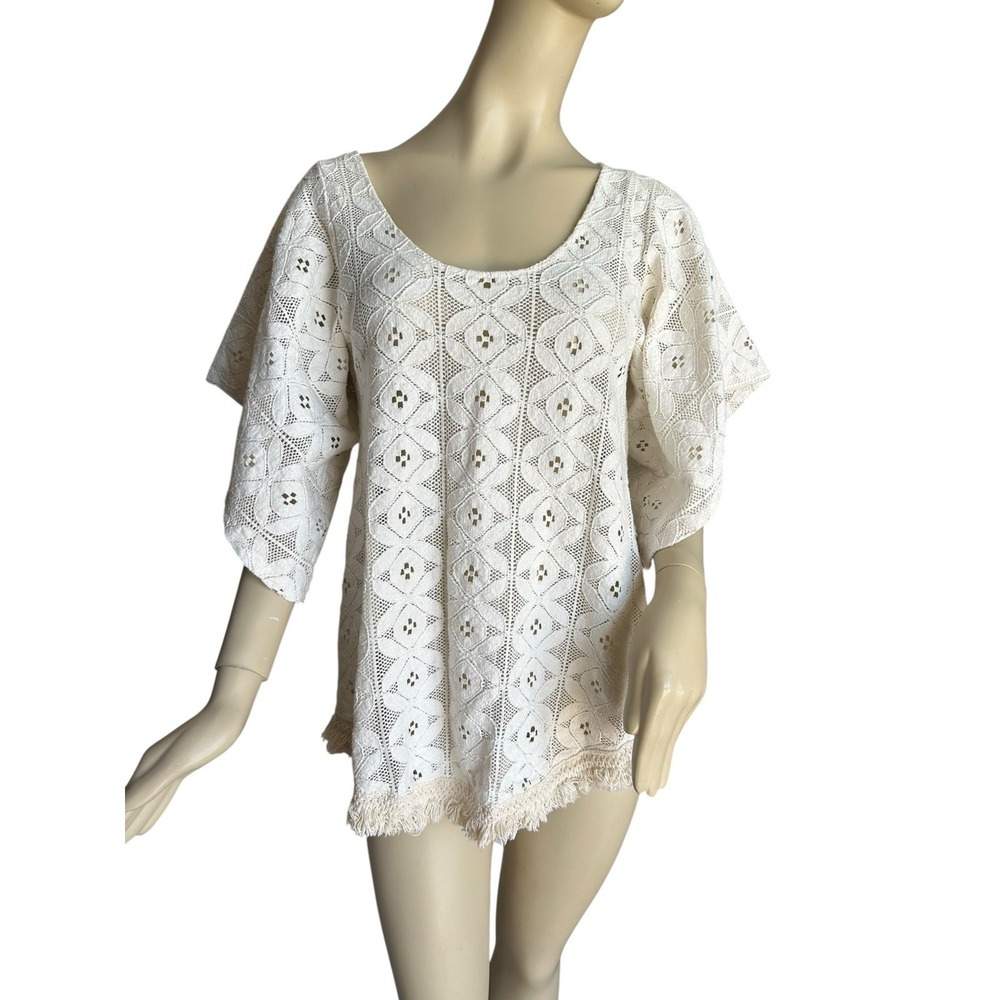 Eberjey White Crochet Lace V-Neck Boho Swim Coverup Long Cotton Bamboo Top‎ Airy